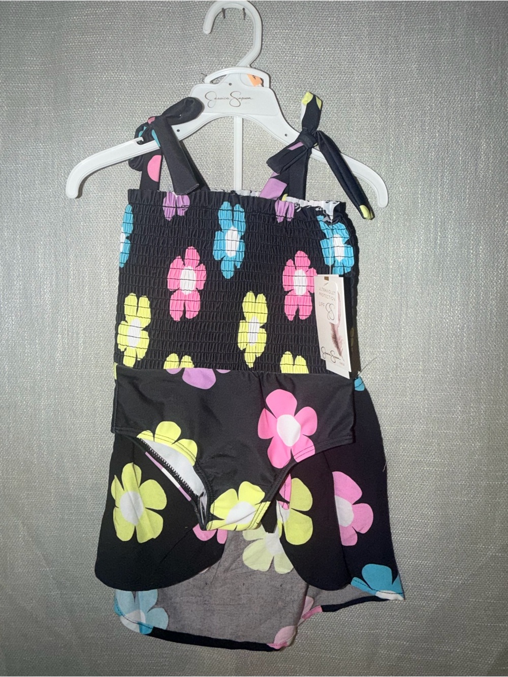 Girls Black Floral One-Piece Swim Dress - Pink Yellow Blue Flowers